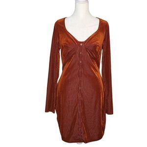 Bear Dance Ribbed Velvet Henley Mini Dress Large Rust Long Sleeve Bodycon Y2K